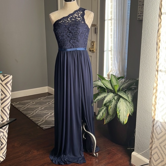 David Bridal One Shoulder Lace Navy Maxi Dress - Picture 2 of 8